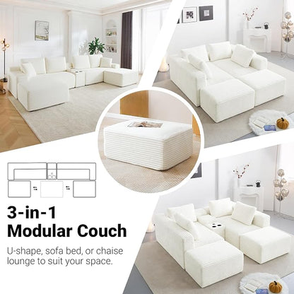 ivoros 150 Inch Modular Sectional Sofa Couch, Oversized Modern Cloud Couch for Living Room, U Shape Couches with 2 Ottomans, USB Ports and Cup Holders, Beige Corduroy Boneless Sofas,Sofa in a Box