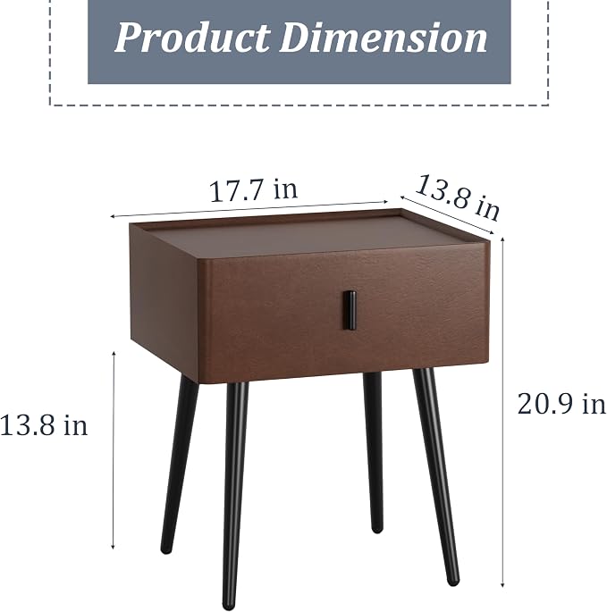 Nightstand Set of 2 with Single Drawer,Leather Side Table,Modern Bedside Table with Metal Legs for Bedroom,Small Accent End Table,Brown