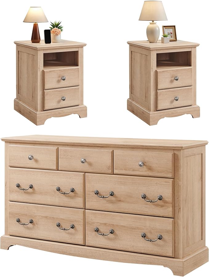 T4TREAM Farmhouse Dressers & Night Stand Set of 3, 54" Wide 7 Drawer Dresser & 18" Wide 2 Drawers Side Table Set of 2, Furniture Dresser Sets for Home, Natural Oak