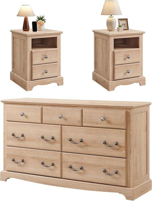 T4TREAM Farmhouse Dressers & Night Stand Set of 3, 54" Wide 7 Drawer Dresser & 18" Wide 2 Drawers Side Table Set of 2, Furniture Dresser Sets for Home, Natural Oak