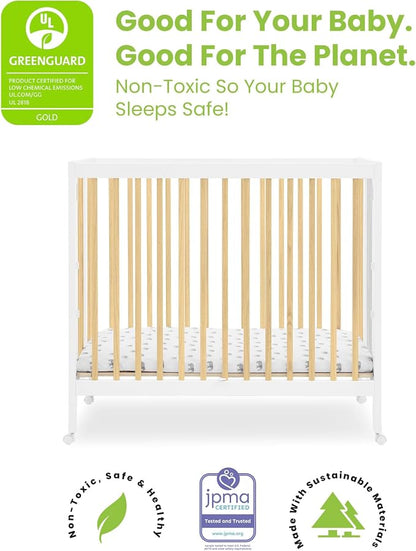 Delta Children Mia Portable Folding Mini Crib with 1.5-Inch Mattress - Greenguard Gold Certified, Bianca White/Natural