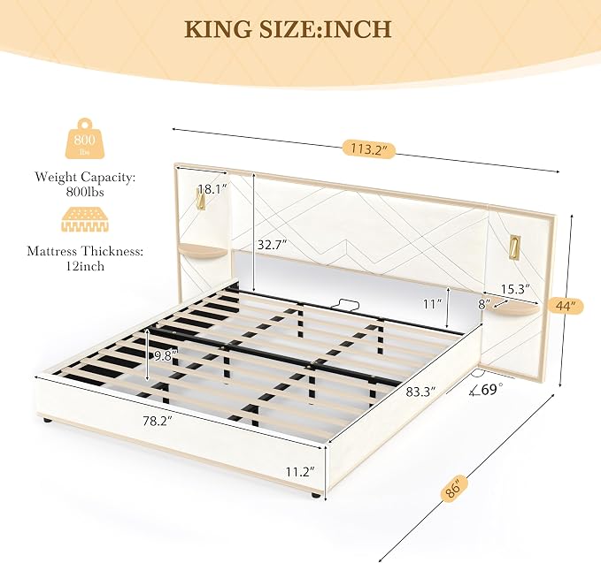 Merax King Bed Frame with 2 Built-in Led Lights and 2 Floating Storage Shelves, Luxury Velvet Upholstered Platform Bed Frame King Size with Wingback Headboard for Bedroom, No Box Spring Needed, Beige