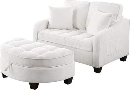 ERYE Chenille Tufted Loveseat Sofa and Ottoman Set, Tufted Recliner Sleeper Chaise Lounge with Curved Storage Ottoman,Reclining Backrest and Side Pockets, 4 Pillows