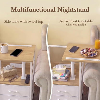 Faesun Swivel Lift Top Nightstand with Charging Station, Rolling Side Table for Recliner, Bedside Table with Wheels & 2 Fabric Drawers, for Small Spaces, for Bedroom, Living Room, Oak White