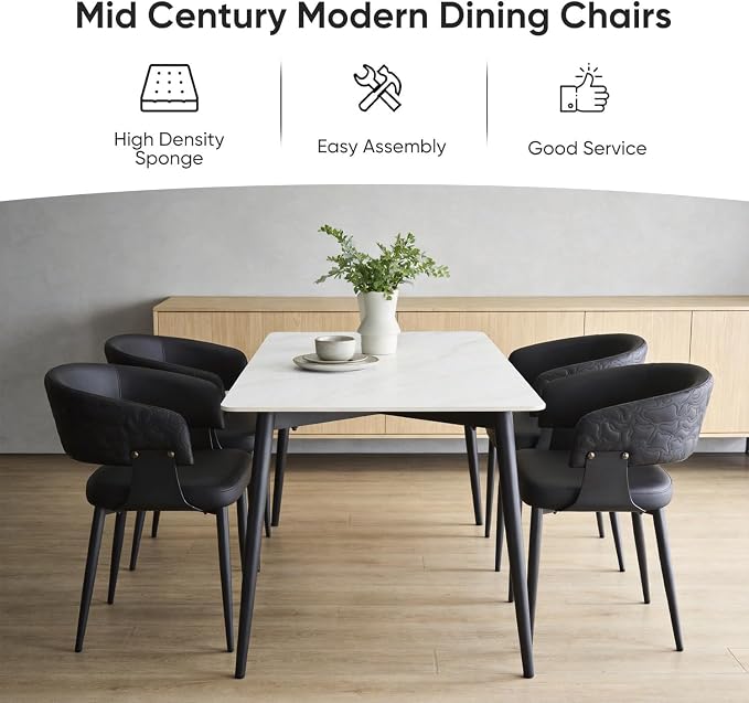 Atoll Modern Accent Dining Chairs Set of 2 with Upholstered PU Leather Seat & Curved Back, Metal Legs, Mid-Century Kitchen Chair for Dining Room, Living Room or Office (2, Black)