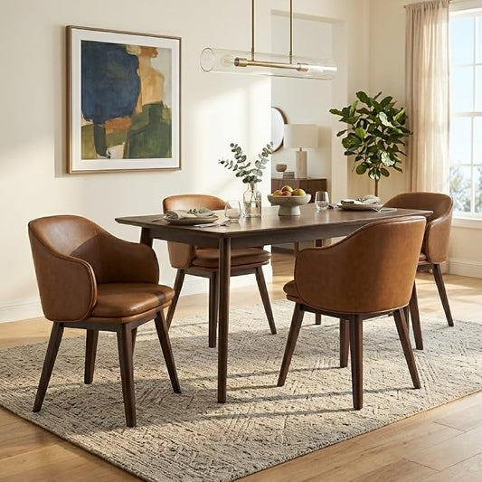 KISLOT Wooden Dining Chairs Set of 4, Faux Leather Upholstered Modern Dining Room Chairs with Barrel Backrest & Double-Layer Thick Cushion for Living Room, Restaurant, Kitchen and Café, Brown, 2 Boxs