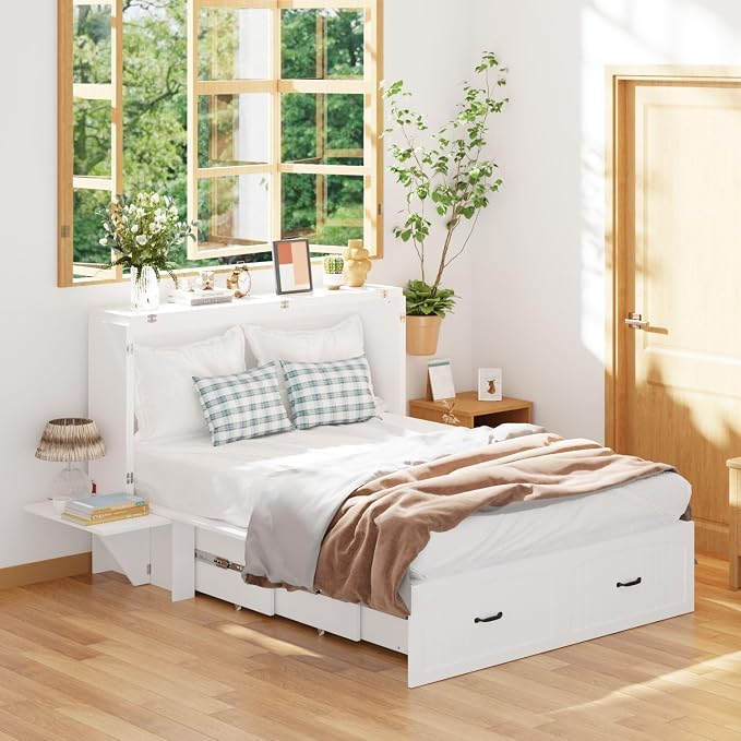 Full Murphy Bed with Drawer, Folded Cabinet Bed with Wheels & Black Metal Handles, Modern Murphy Bed Cabinet for Bedroom Guest Room White 75.6”L x 55.9”W x 41.3”H