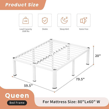 VIPSHOW 20 Inch White Queen Heavy Duty 3500 lbs Bed Frame with Round-Corner Legs & Anti-Squeak Design – Quick Assembly Metal Platform, No Box Spring Needed