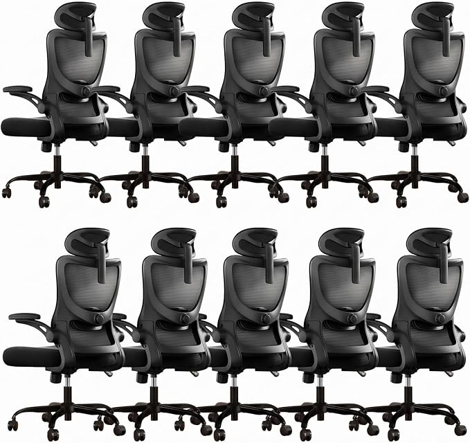 Marsail Ergonomic Office Chair with 3D Armrests, Pack of 10 | Office Desk Chair with High Back Mesh, Adjustable Lumbar Support, Rolling Work Swivel Task Chairs with Wheel, Headrest, home