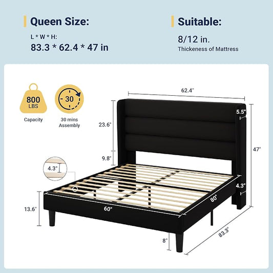 Allewie Queen Size Platform Bed Frame with Velvet Upholstered Wingback Headboard, No Box Spring Needed, Under Bed Storage Space, Strong Wooden Slats, Modern Mattress Foundation, Easy Assembly, Black