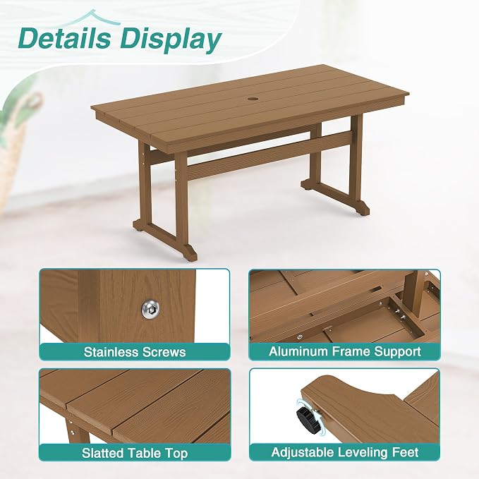 7 Piece Patio Dining Set, 66" Rectangle HDPS Weather Resistant Outdoor Table & 6 Patio Chairs Set with 1.96" Umbrella Hole, Heavy Duty Chairs for Backyard Balcony Deck, Brown