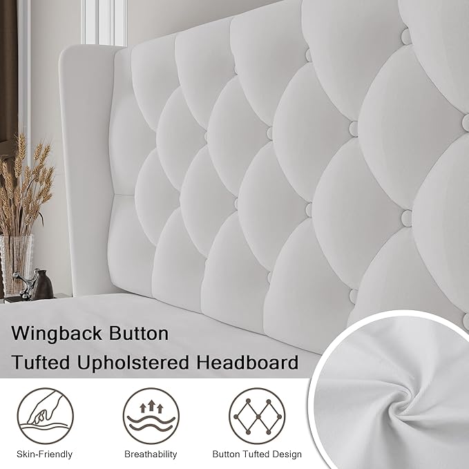 Einhomn Queen Size Platform Bed Frame with Velvet Upholstered Wingback Headboard, 10" Under Bed Space, Wooden & Metal Slats Support, No Box Spring Needed, White