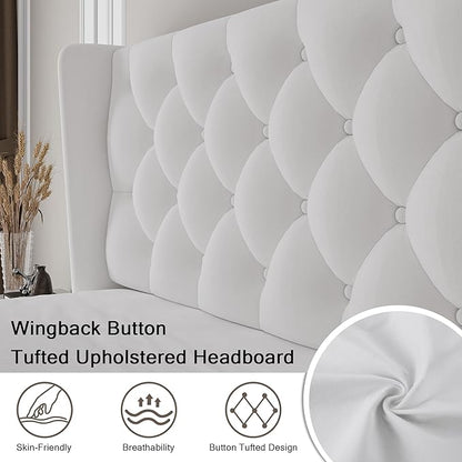 Einhomn Queen Size Platform Bed Frame with Velvet Upholstered Wingback Headboard, 10" Under Bed Space, Wooden & Metal Slats Support, No Box Spring Needed, White