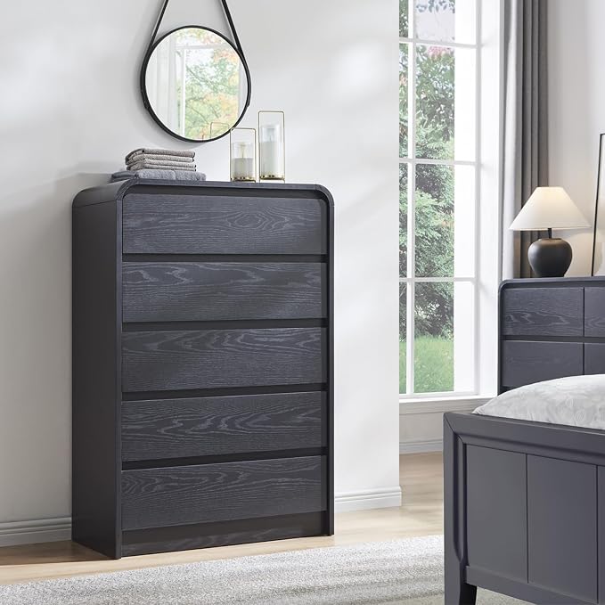 Aitjunz Modern 5 Drawers Dresser for Bedroom, 45" Tall Dressers & Chests of Drawers w/Curved Profile Design, Wood Mid Century Vertical Dresser w/Natural Texture for Bedroom, Living Room, Black