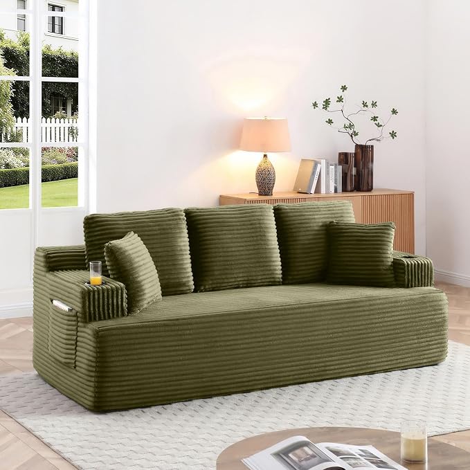 86.2'' Boneless Sofa Couch with Cup Holders & Side Pockets, Modern Corduroy Fabric Upholstered 3-seat Couch with 2 Throw Pillows for Living Room, Office, No Assembly (Green)