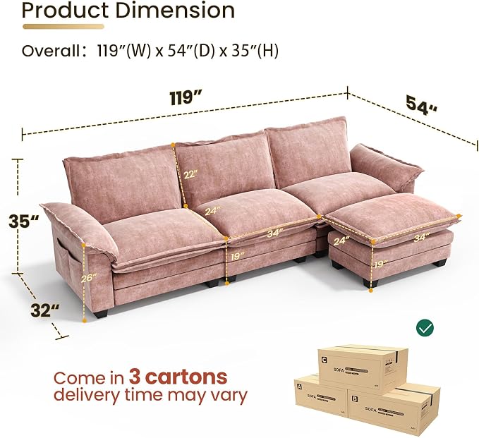 KKL 123 Inch L-Shaped Modular Sectional Sofa, 4 Seater Cloud Couch with Ottoman, Chenille Sectional Couches for Living Room, Apartment, Pink
