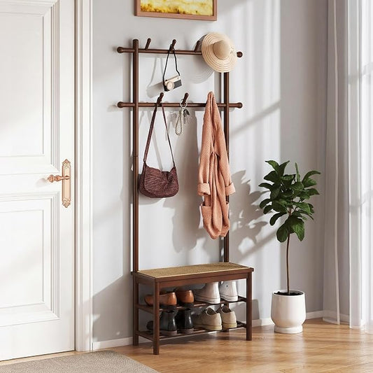 Giantex 3-in-1 Hall Tree with Bench and Shoe Storage, Bamboo Coat Rack Freestanding w/PE Rattan Bench, 11 Hanging Rods, 3 Tier Shoe Rack, Narrow Mudroom Storage Organizer for Entryway Bedroom, Brown