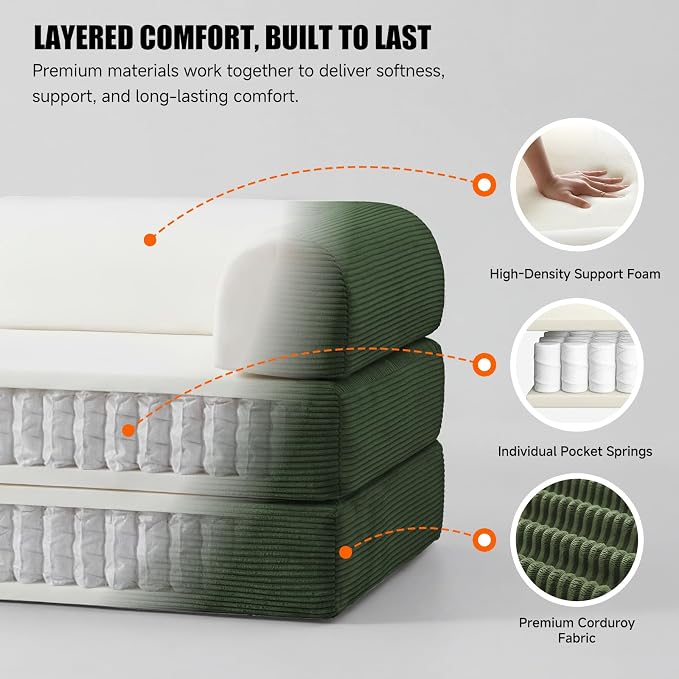 79" Convertible Sleeper Sofa Bed, Corduroy Boneless Fold-Out Couch in a Box, 4-in-1 Loveseat/Futon Couch, High-Density Foam, No Assembly, Side Pockets, 2 Pillows for Small Spaces, Dark Green