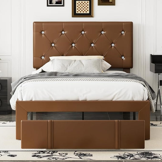 VECELO Twin Size Bed Frame with Storage Drawers, Leather Upholstered with Diamond Tufted Headboard, Solid Wood Slat Support, No Box Spring Needed, PU & Brown