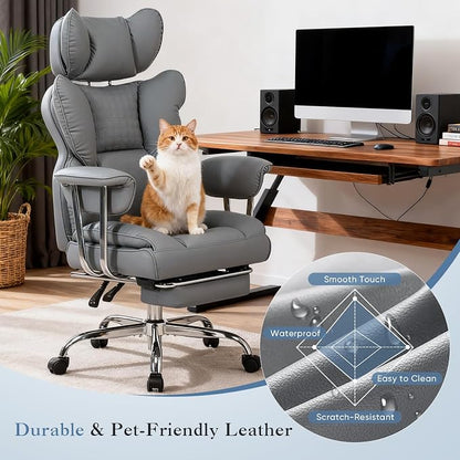 DUMOS Big and Tall Office Chair 400 LBS, Scratch-Resistant PU Leather Executive Office Desk Chair with Footrest, Ergonomic Reclining Computer Chairs with Pocket Spring Support, Grey