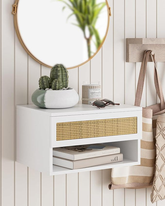 Small Modern Nightstand with Drawer, Floating Shelves for Bedroom, Bathroom (White Rattan)