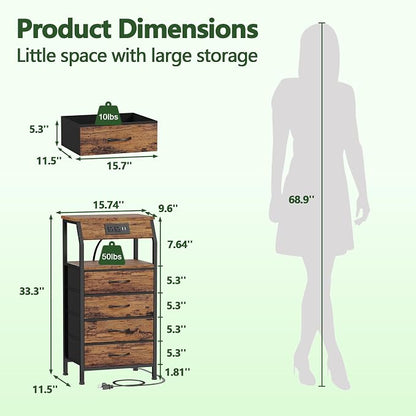 Furnulem Night Stand with Charging Station, 4 Drawers Tall Bedside Table | Small Rustic Brown Dresser, 33.3 Inch Tall Dorm Nightstand, Fabric Drawers, Storage Tower for Closet, Bedroom, 3 Ways to Use