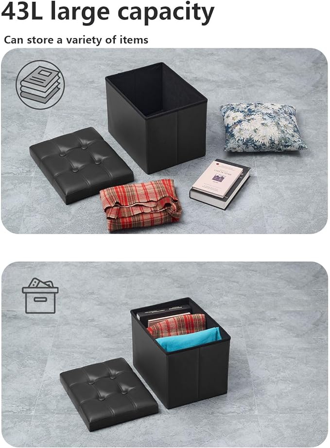 Bsketa 2PC Storage Ottoman, Folding Foot Stool with Thicker Foam Padded Seat Small Leather Storage Ottoman Bench Foot Rest for Living Room Foldable Coffee Table 17x13x13in,Black