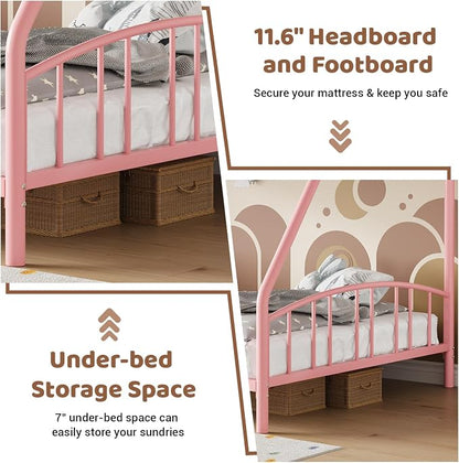 GarveeHome Metal Bunk Bed Twin Over Full, Heavy Duty Bunkbeds Frame with Arched Guardrail and Safety Ladder, Sturdy Steel Bed for Kids Boys Girls, Space-Saving, No Box Spring Needed, Pink