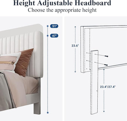 Allewie Queen Bed Frame, Velvet Upholstered Platform Bed with Adjustable Vertical Channel Tufted Headboard, Mattress Foundation with Strong Wooden Slats, Box Spring Optional, Easy Assembly, Off-White