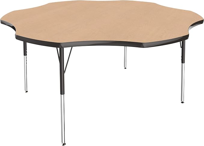 FDP Flower Activity School and Office Table (60 inch), Standard Legs with Swivel Glides for Collaborative Seating Environments, Adjustable Height 19-30 inches - Maple Top and Black Edge