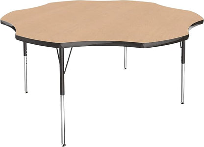 FDP Flower Activity School and Office Table (60 inch), Standard Legs with Swivel Glides for Collaborative Seating Environments, Adjustable Height 19-30 inches - Maple Top and Black Edge