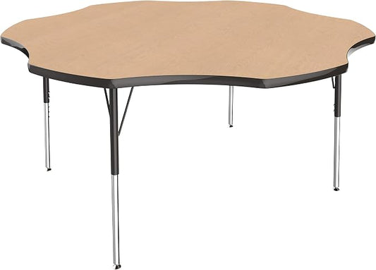 FDP Flower Activity School and Office Table (60 inch), Standard Legs with Swivel Glides for Collaborative Seating Environments, Adjustable Height 19-30 inches - Maple Top and Black Edge