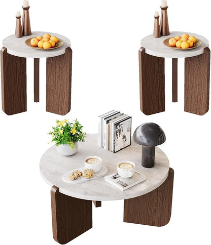 COSIEST Modern Round Coffee Table & 2 Side Tables Set, Faux Marble Wood Top, Walnut & Cream White Legs, Minimalist Living Room Center & Accent Tables(3 PCS)