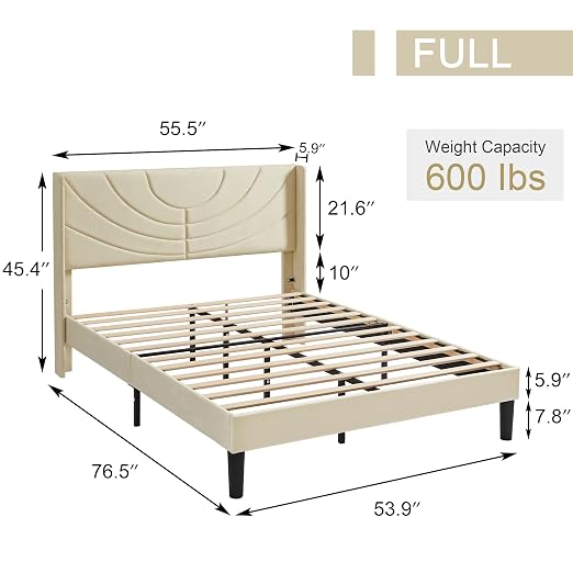 VECELO Upholstered Platform Full Bed Frame with Fabric Headboard,Wooden Slats Support/No Box Spring Needed/Mattress Foundation,Beige