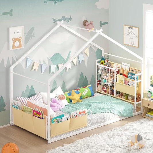 Timy House Bed Metal Montessori Bed with Stuffed Animal Storage & Bookshelf | Stuffed Animal Storage & 3-tier bookshelf. Includes detachable bedside caddies for an all-in-one book storage solution.