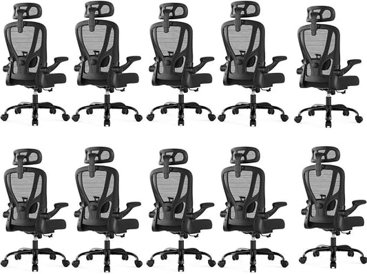 Office Chair Ergonomic Desk Chair - Mesh High Back Office Chair with Headrests Wheels Lumbar Support Home Desk Office Chairs Flip up Armrest Executive Rolling Computer Chair Black 10 Pack