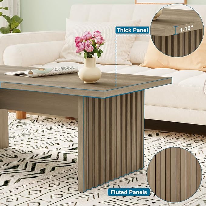 BON AUGURE 43 Inch Coffee Table, Fluted Wood Living Room Tables, Rectangle Gray Coffee Tables for Living Room, Grey Center Table for Home, Office (Greige Oak)