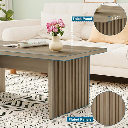 BON AUGURE 43 Inch Coffee Table, Fluted Wood Living Room Tables, Rectangle Gray Coffee Tables for Living Room, Grey Center Table for Home, Office (Greige Oak)