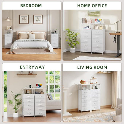 Somdot White Nightstand with Charging Station and LED Light for Bedroom, Tall 5 Drawers Dresser with Fabric Bins for Bedside Kids Dorm Room Closet Laundry Entryway, White Leather