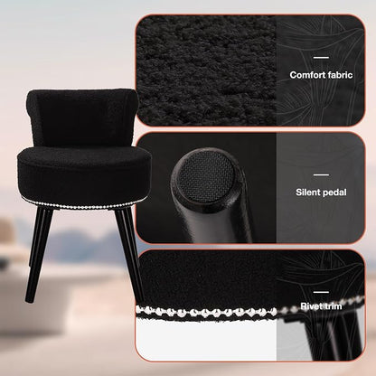 Vanity Chair with Back, Sherpa Stool with Tufted Backrest & Sliver Nailhead Trim, Round Vanity Seat for Bedroom and Bathroom Makeup, Support 220lbs, Easy Assembly (Teddy Black)