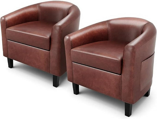 GarveeHome Accent Chairs Set of 2 Faux Leather Barrel Chair Club Armchair with Soft Seat for Living Room Bedroom Reading Waiting Room - Brown
