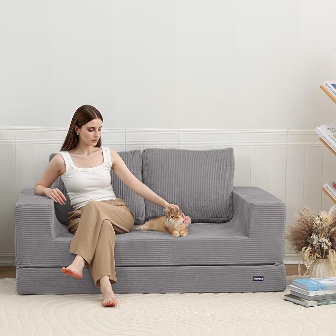 COMAX Futon Sofa Bed, Convertible Sofa Bed, Folding Boneless Couches | Boneless Couch for living room, 4‑in‑1 Fold Out Small Foldable Loveseat Floor Sleeper Mattress Lounge Space‑Saving, Grey