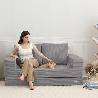 COMAX Futon Sofa Bed, Convertible Sofa Bed, Folding Boneless Couches | Boneless Couch for living room, 4‑in‑1 Fold Out Small Foldable Loveseat Floor Sleeper Mattress Lounge Space‑Saving, Grey