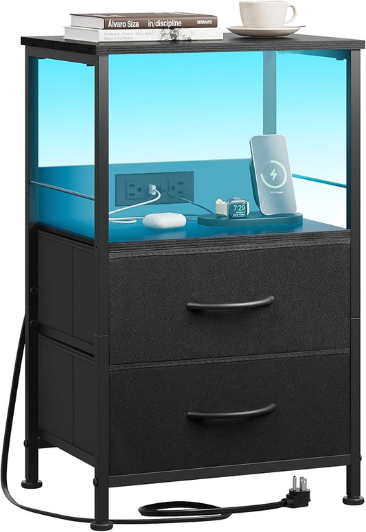 WLIVE LED Night Stand with Charging Station, Black Nightstand with 2 Fabric Drawers and Storage Shelf, Dorm Bedside Table End Table with 2 USB Ports and Outlets, Small Dresser for Bedroom