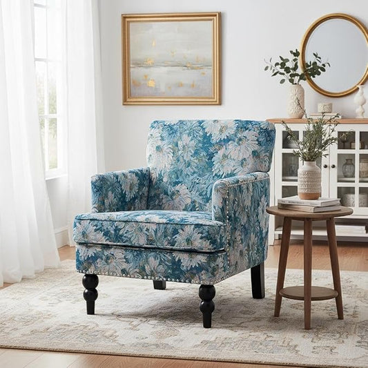 Christopher Knight Home Eve Modern Upholstered Club Chair, Wooden Living Room Accent Chair, Bedroom Comfy Reading Chair, Multifunctional Armchair, Blue Floral