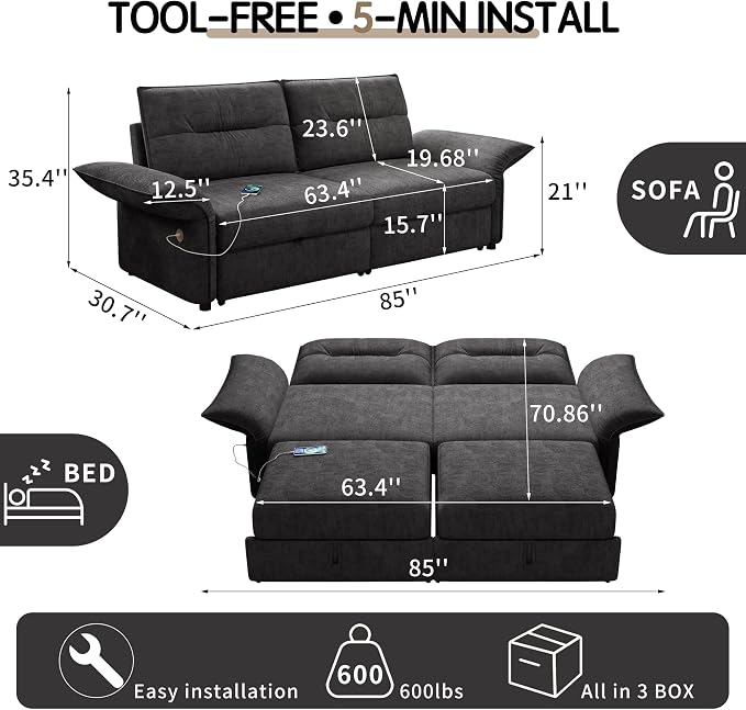 85'' Sofa Bed Full, Assembly, 3 in 1 Sleeper Sofa Beds, Flannel Pull Out Couch for Living Room, Charging & Adjustable Armrest, Comfy Loveseat for Small Space, Flannel Dark Grey
