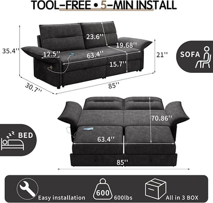 85'' Sofa Bed Full, Assembly, 3 in 1 Sleeper Sofa Beds, Flannel Pull Out Couch for Living Room, Charging & Adjustable Armrest, Comfy Loveseat for Small Space, Flannel Dark Grey