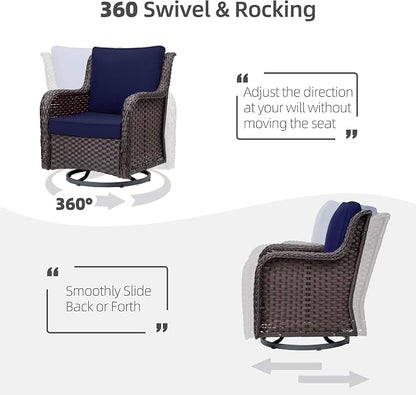 Towallmark Outdoor Swivel Wicker Glider Patio Chairs with Table Set, 3 Pieces Outdoor Bistro Set with 4”Thick Cushions and Coffee Table for Porch, Balcony, Deck (Blue)