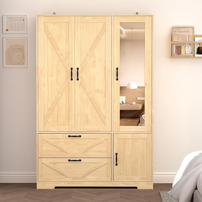 3 Doors Armoire Wardrobe Closet with Mirror Door and LED Lights,Bedroom Armoire with Drawers,Large Capacity Freestanding Armoire with Hanging Rod,Adjustable Shelves and Hooks(Natural)