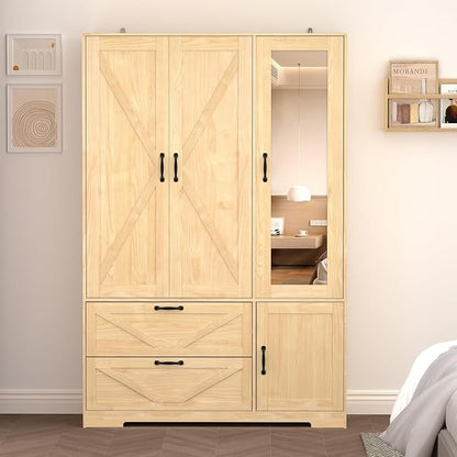 3 Doors Armoire Wardrobe Closet with Mirror Door and LED Lights,Bedroom Armoire with Drawers,Large Capacity Freestanding Armoire with Hanging Rod,Adjustable Shelves and Hooks(Natural)